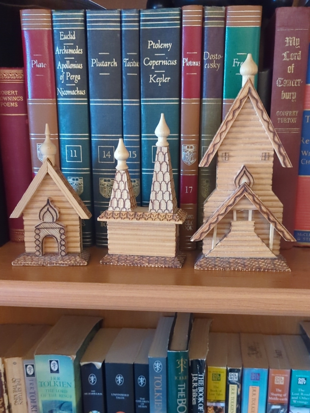 Vintage RussianHandcrafted Wooden Church Miniature Set - Natural Wood
